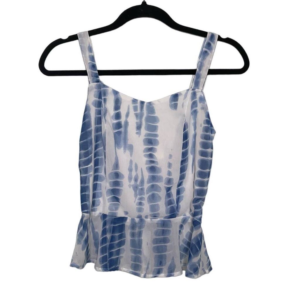 Japna Tie Dye Sleeveless Square Neck Smocked Peplum Tank Top Blue Womens White S